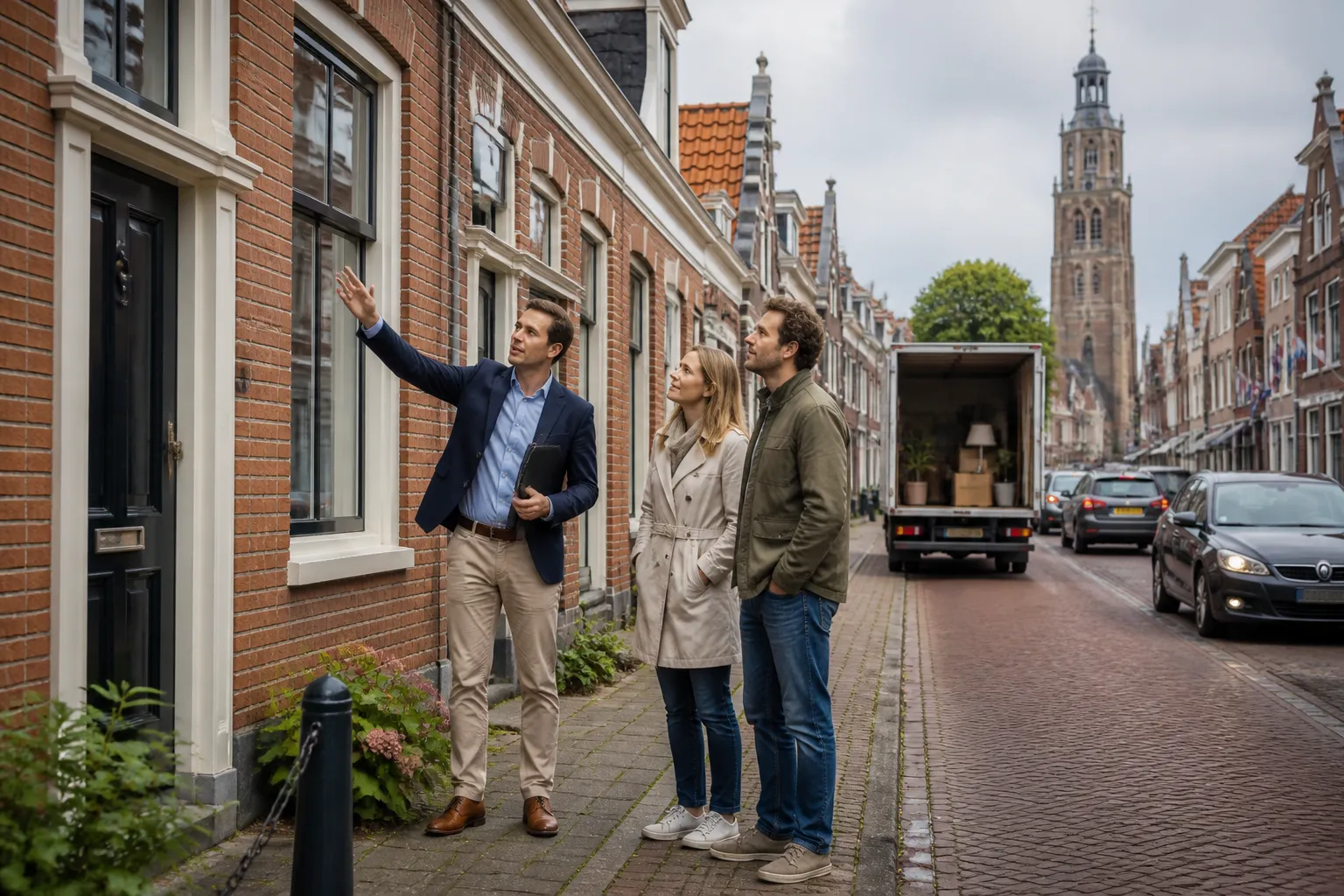makelaar bespreekt met kopers voor bakstenen huis in drukke friese straat met verhuiswagen op de achtergrond