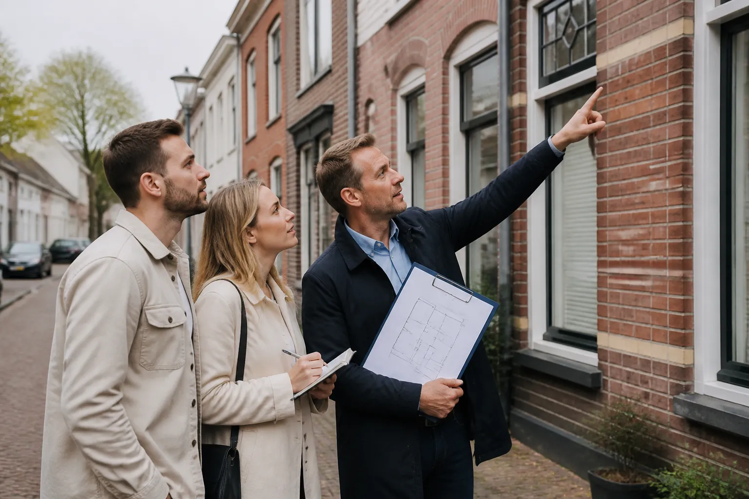 aankoopmakelaar en stel bekijken kritisch een rijtjeshuis in drachten met plattegrond in hand