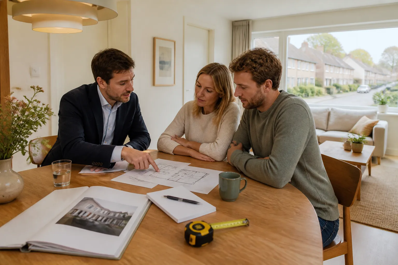 makelaar en verkopers rond een tafel met plattegrond en verkoopbrochure in een woonkamer