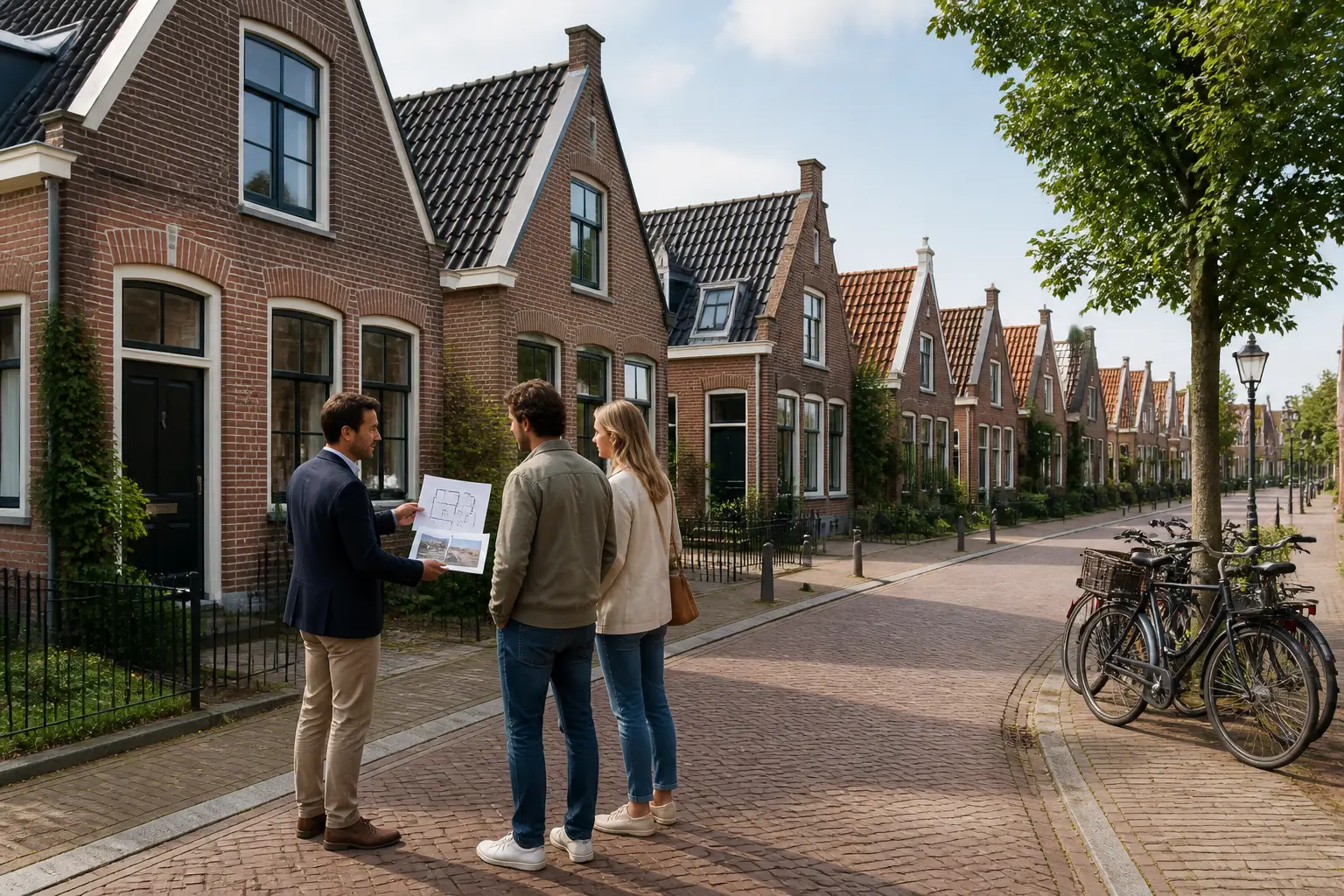 makelaar die buiten in een Friese straat verschillende koopopties en papieren met een koppel bespreekt