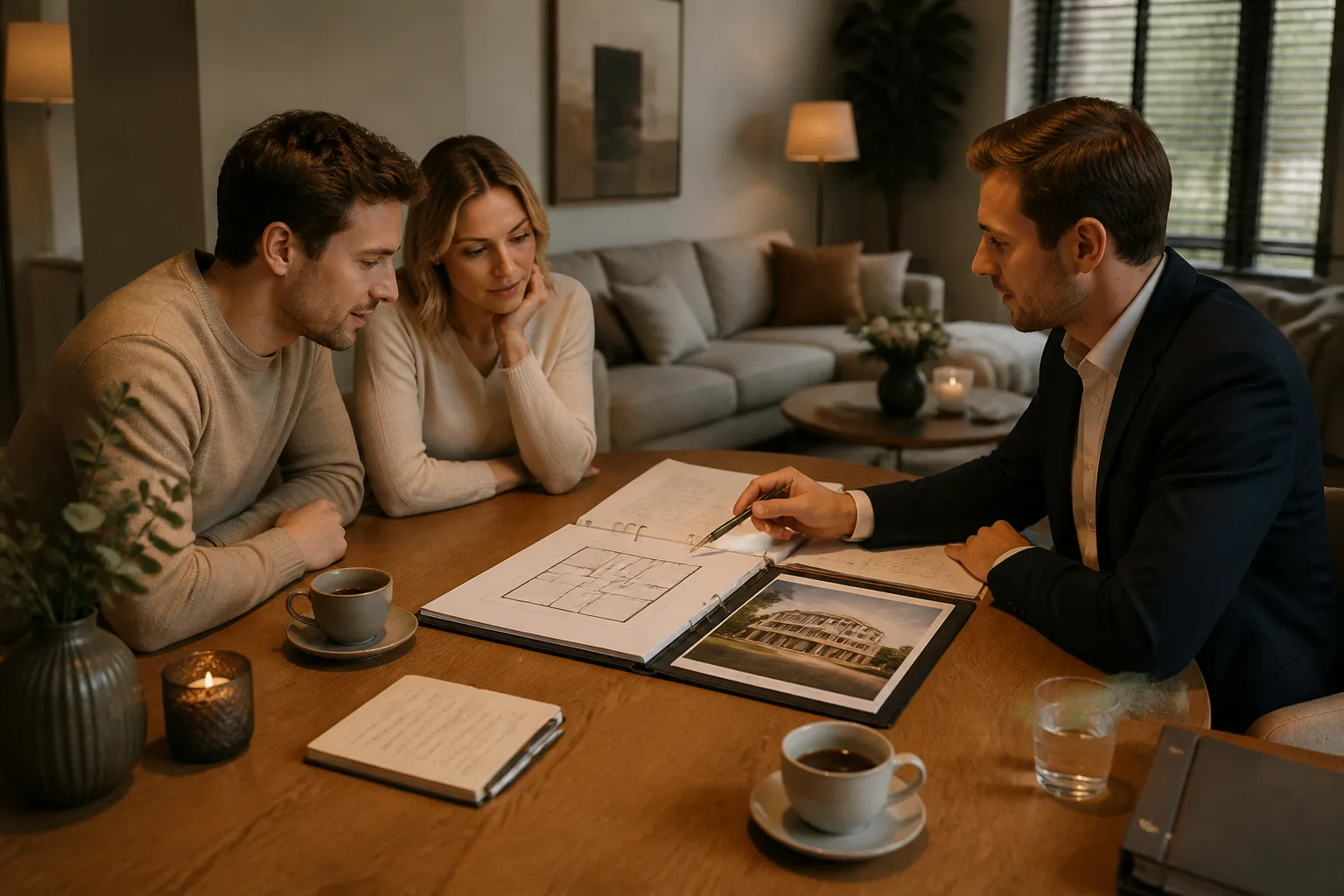 stel en makelaar aan houten eettafel bekijken plattegrond en verkoopbrochure in open map