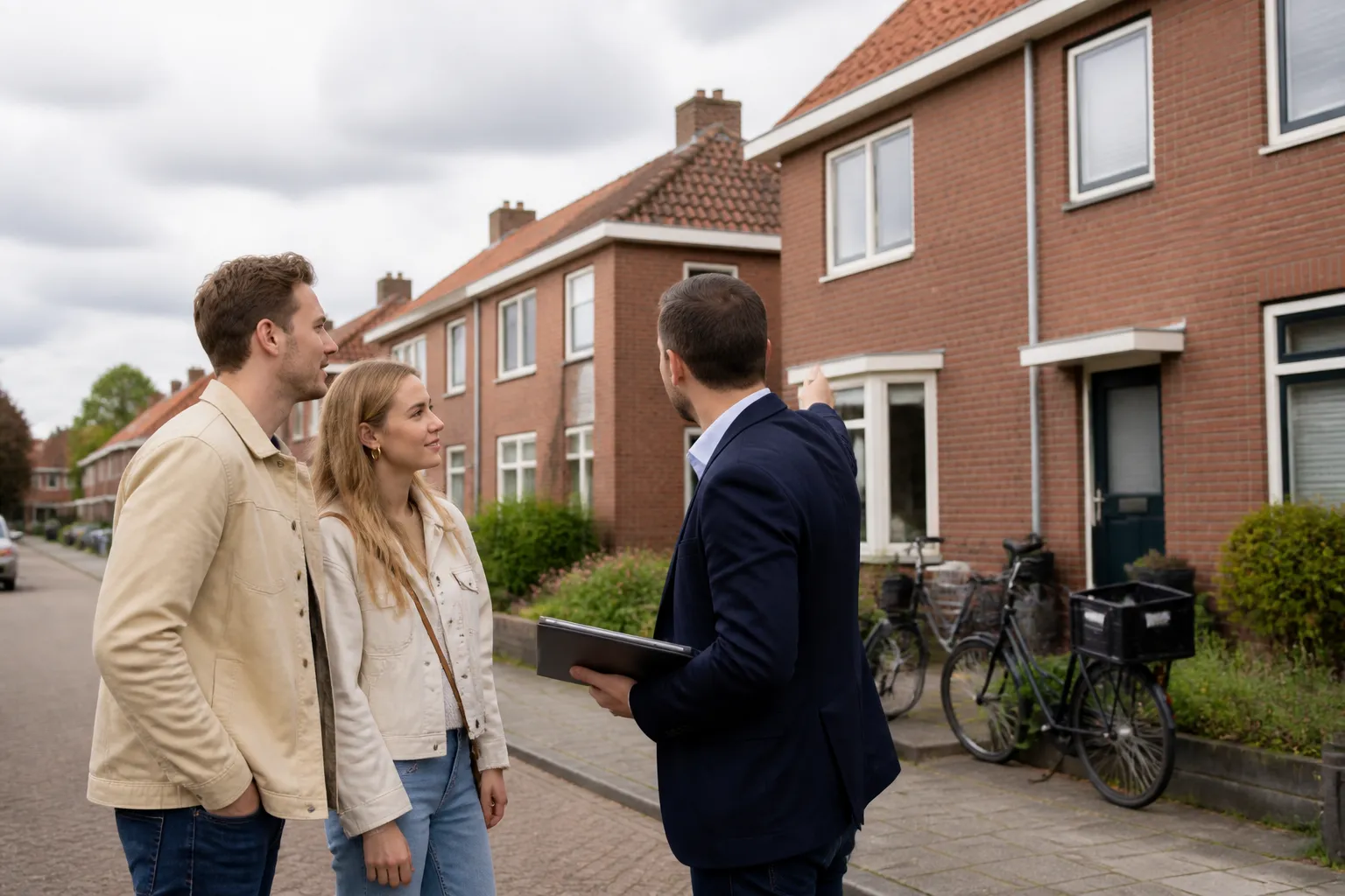makelaar en jong stel bespreken de aankoop van een huis in een woonstraat in drachten