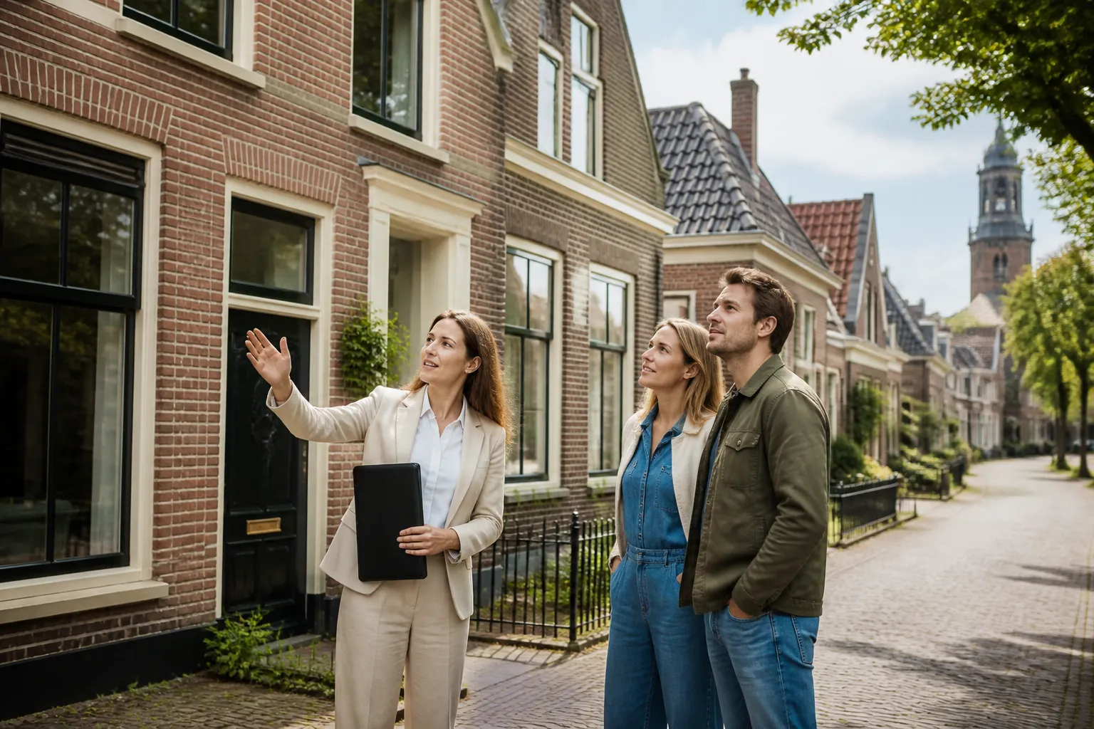 makelaar die met een jong stel in een friese straat wijst naar een bakstenen woonhuis met buren en fietsen in beeld