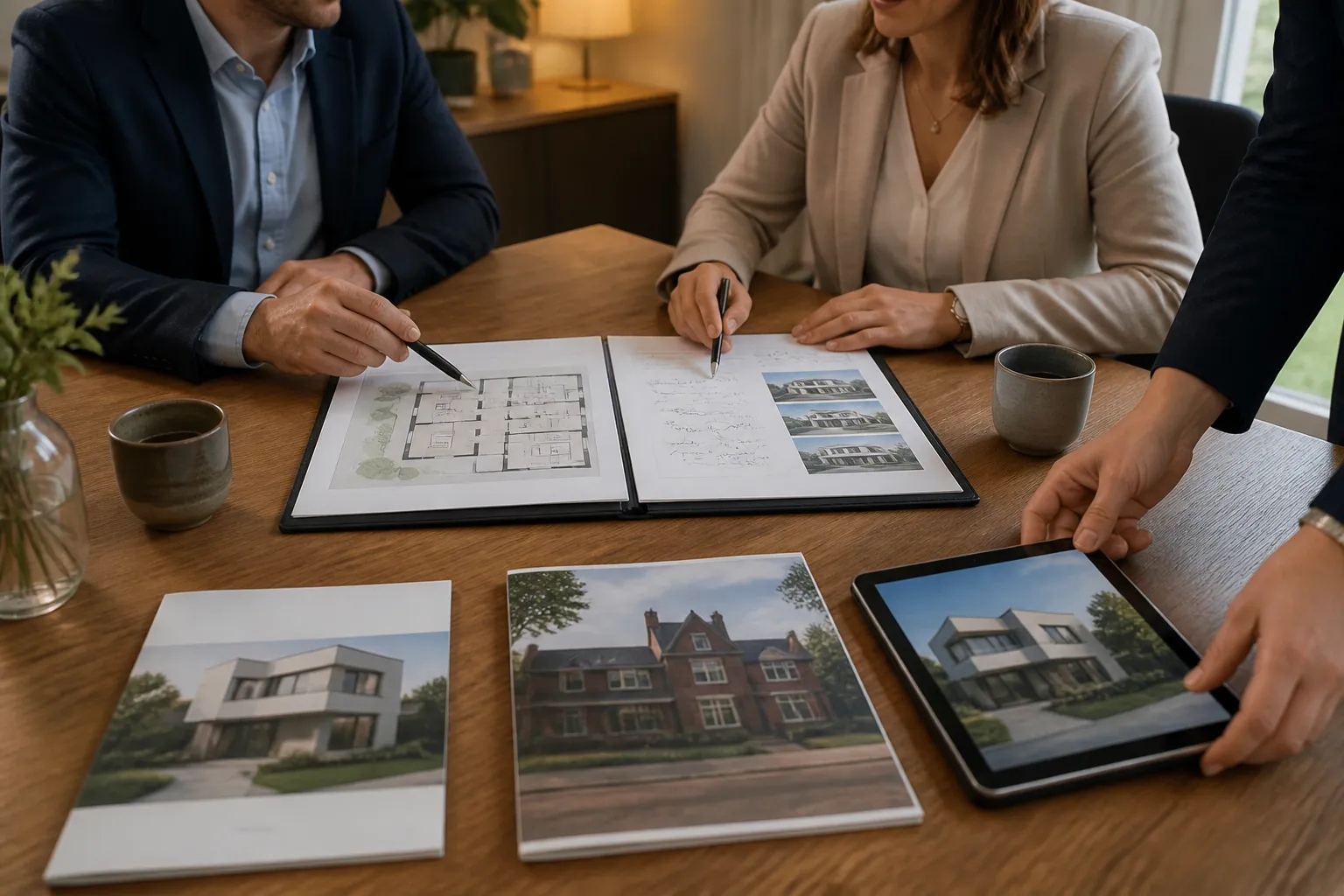 twee verkopers en een makelaar vergelijken meerdere verkoopbrochures rond een open map op een houten eettafel