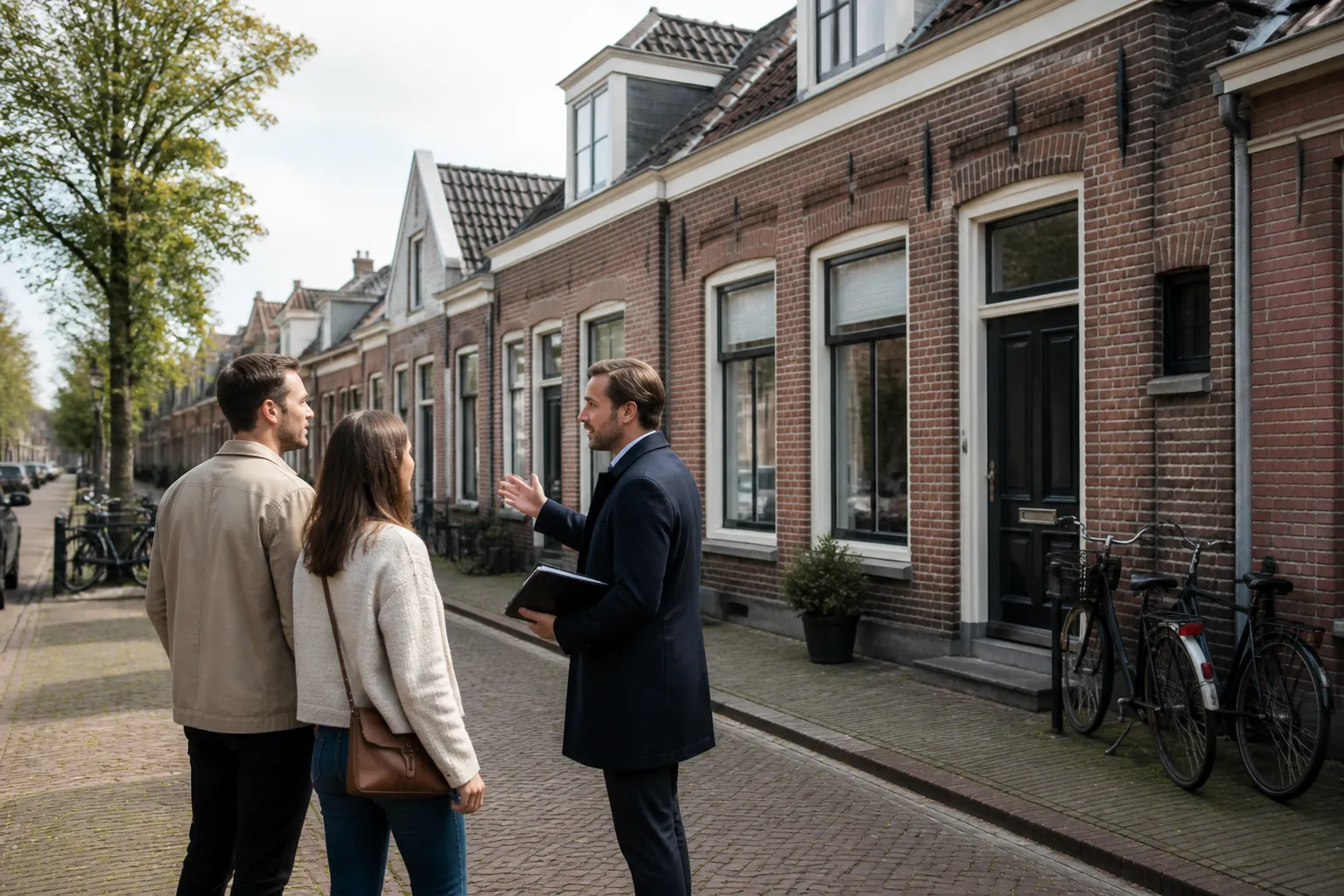 makelaar die met een stel op straat de stappen van het kopen van een bakstenen huis in friesland doorneemt