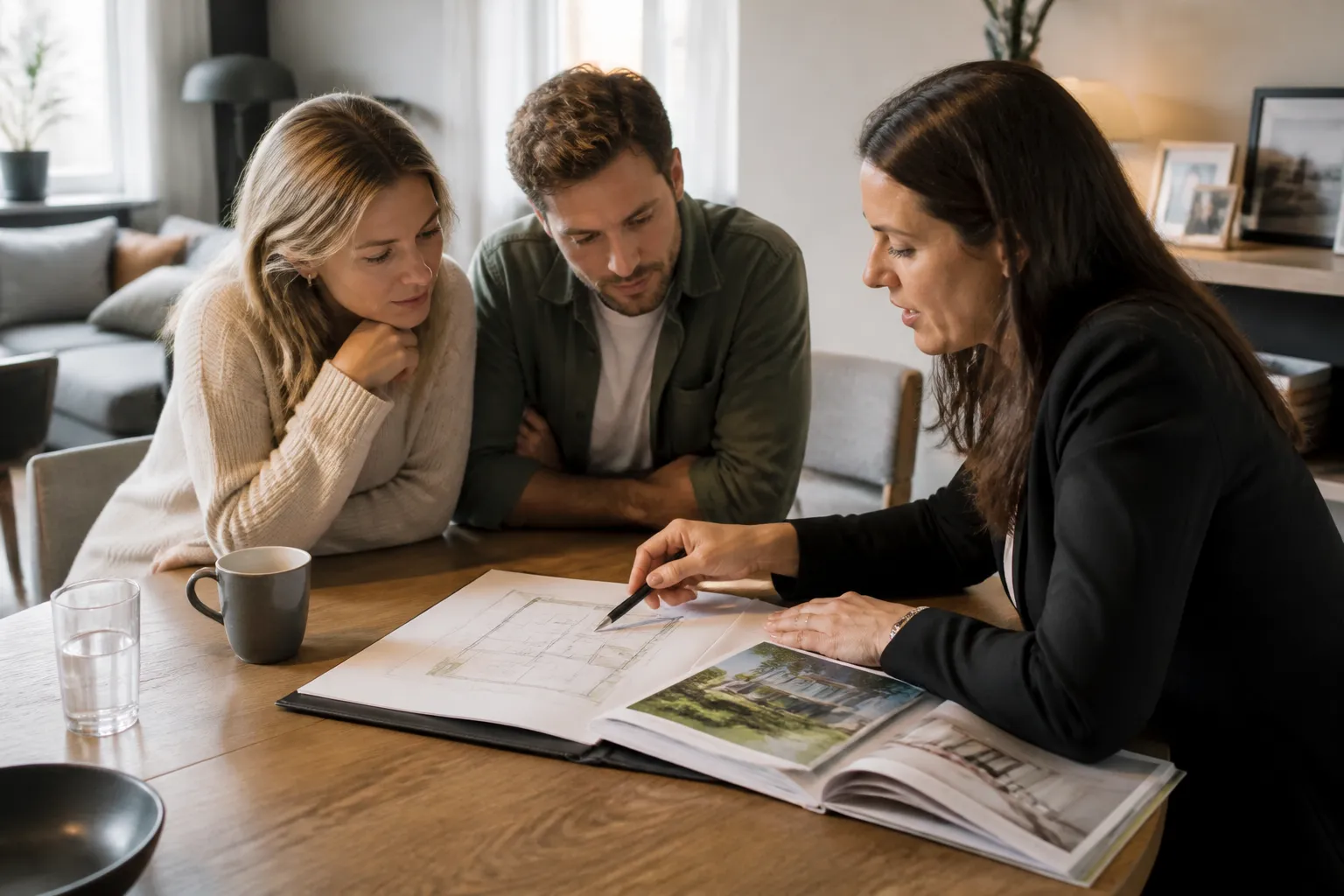 stel en makelaar aan eettafel kijken naar open map met plattegrond en verkoopbrochure
