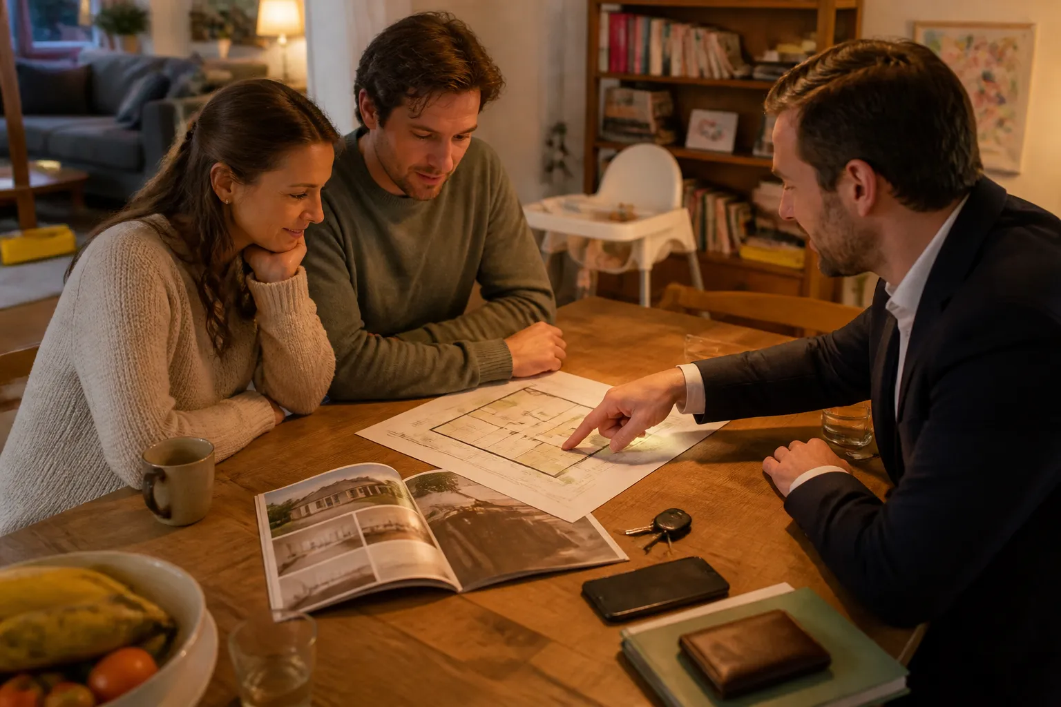 gezin en makelaar bespreken plattegrond en verkoopbrochure aan houten eettafel met sleutels in bewoon­de woonkamer