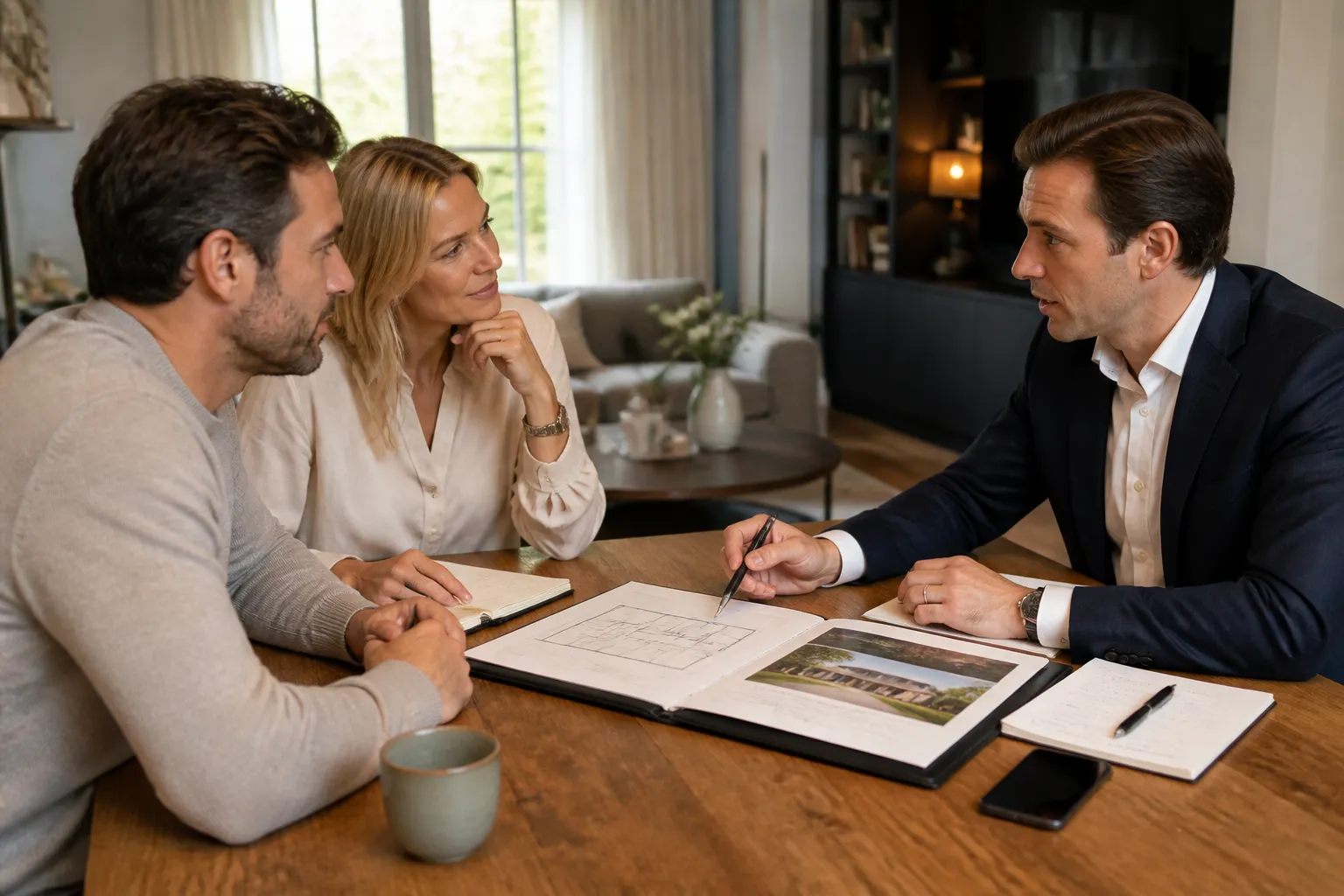 makelaar en verkopers aan houten tafel met open map, plattegrond en verkoopbrochure tijdens verkoopoverleg