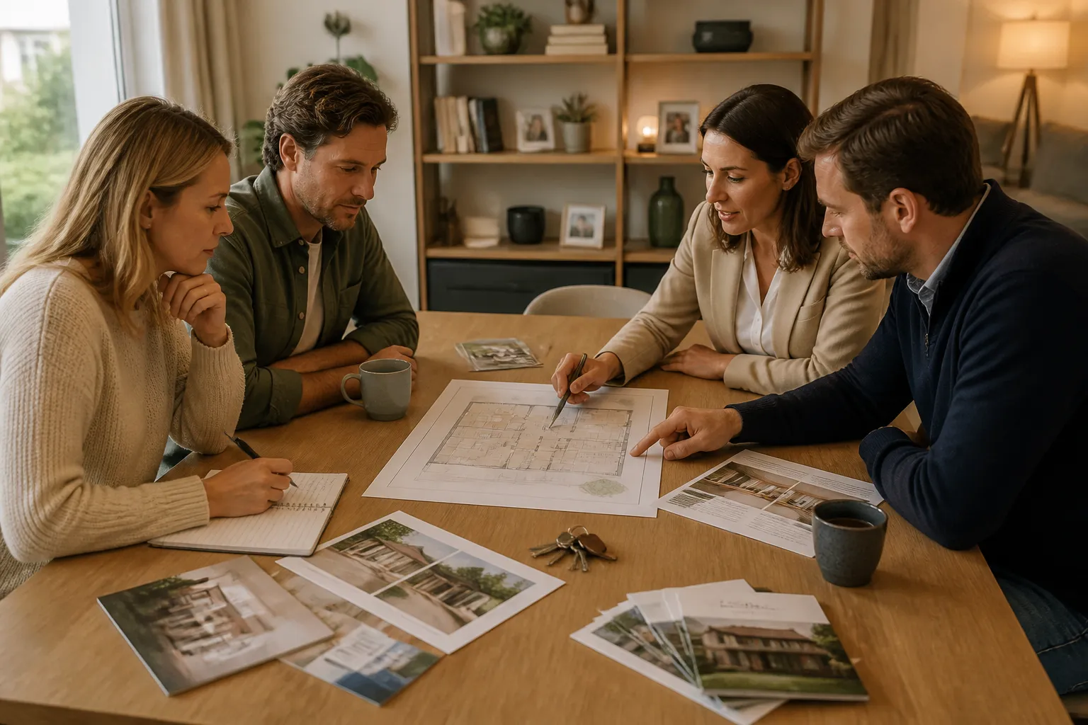 twee stellen vergelijken verkoopbrochures aan een houten eettafel met plattegrond en huissleutels in een bewoonde woonkamer