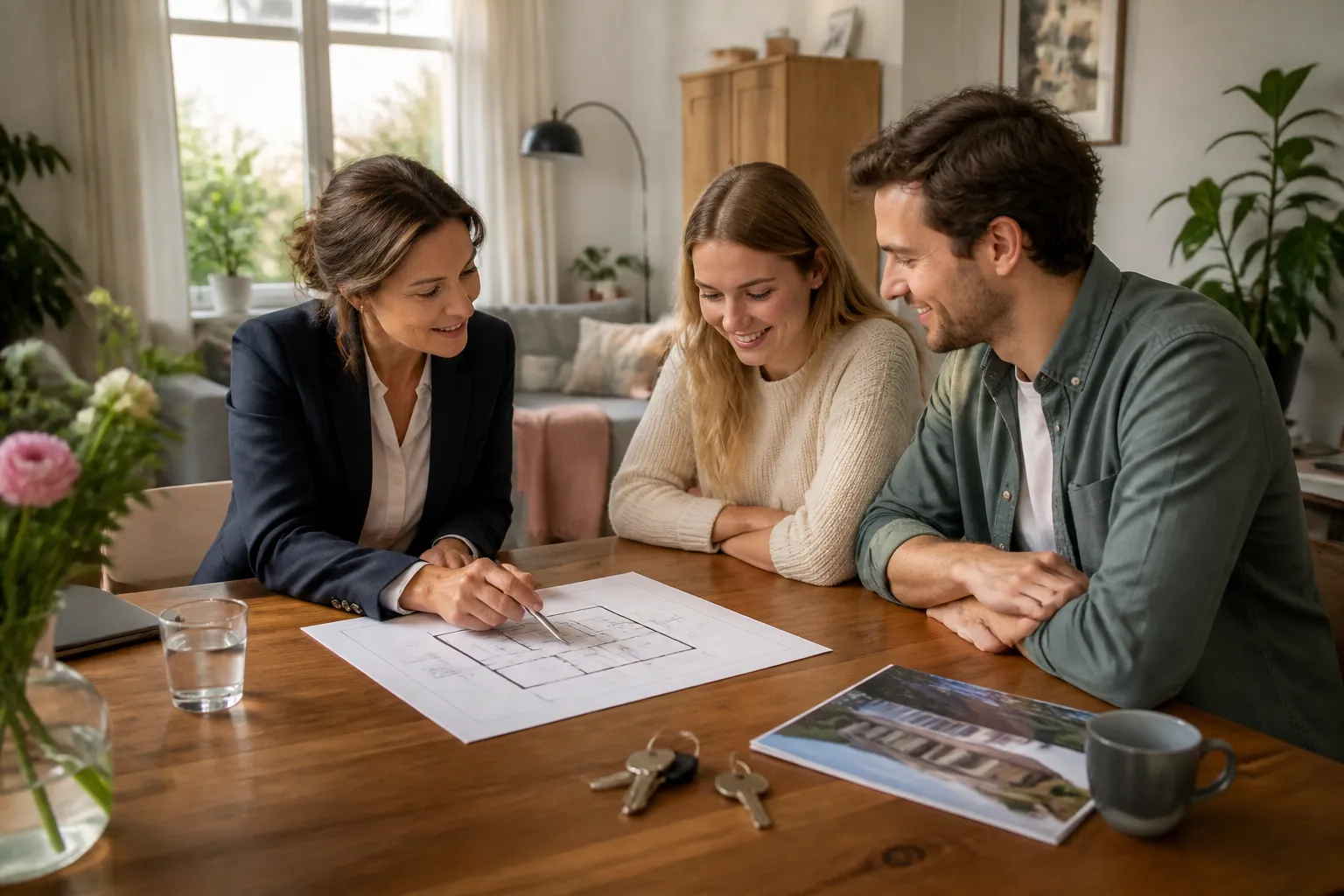 makelaar bespreekt aan houten eettafel met stel de verkoopbrochure, sleutels en plattegrond in een bewoonde woonkamer