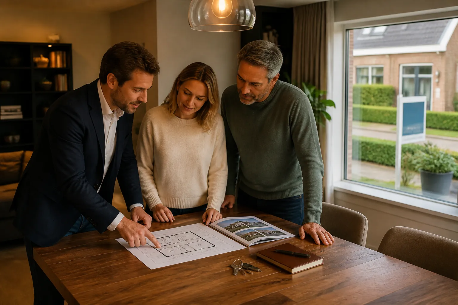 verkoopmakelaar en verkopers bespreken het verkoopplan aan de eettafel met plattegrond en te koop-bord buiten