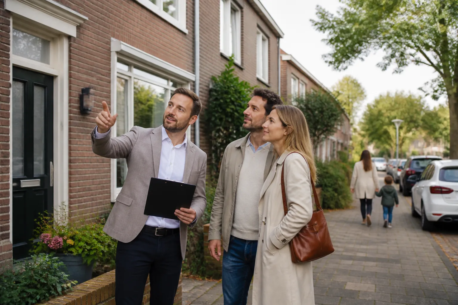 aankoopmakelaar met klembord die rustig met een stel voor een rijtjeshuis in een woonstraat overlegt