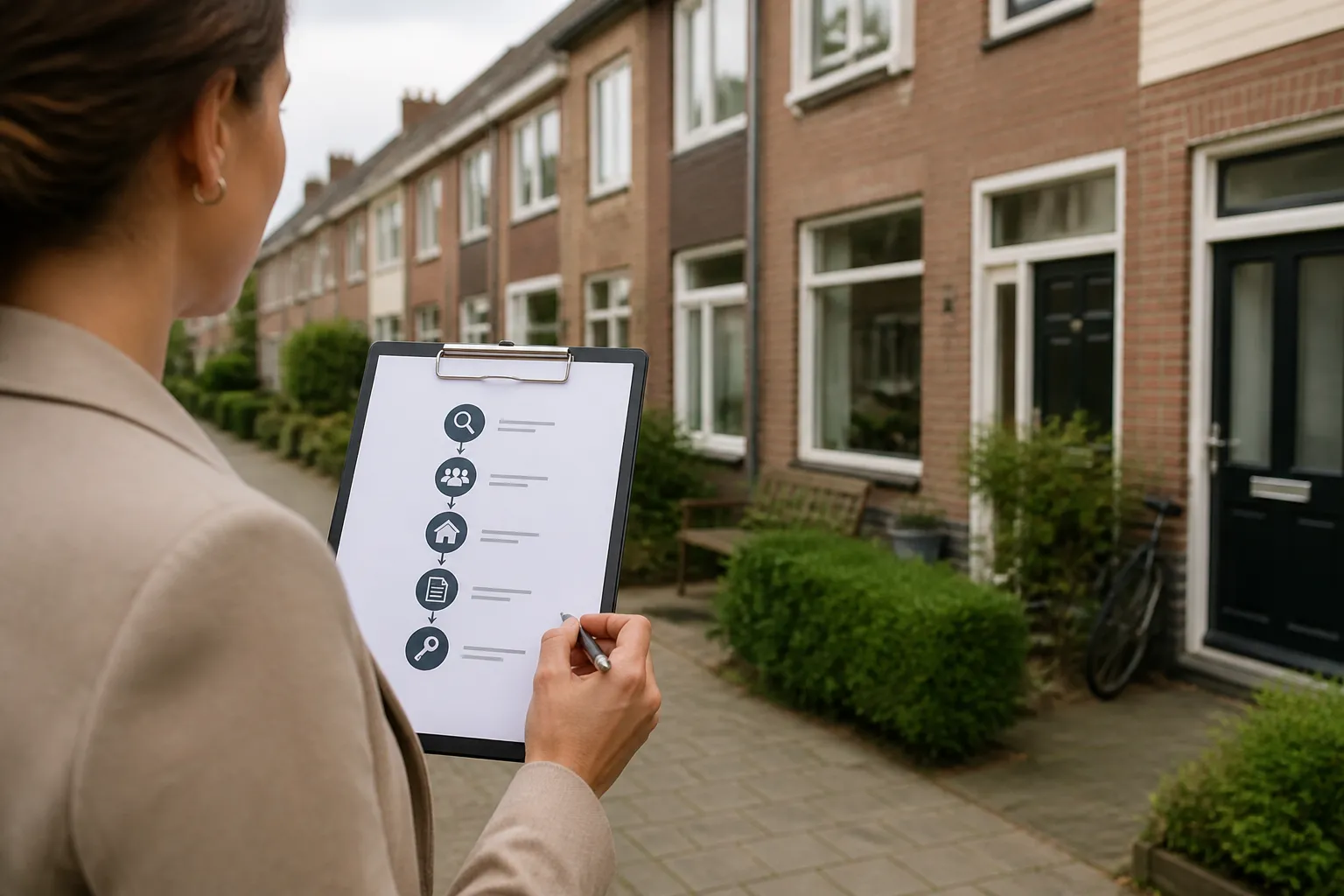 aankoopmakelaar met klembord legt voor een rijtjeshuis in woonstraat het koopproces uit aan een stel