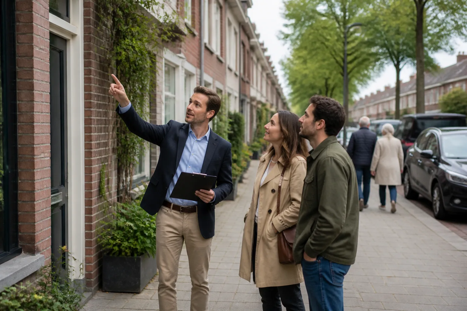 aankoopmakelaar met klembord bespreekt de gevel van een rijtjeshuis met twee kijkers in een rustige woonstraat