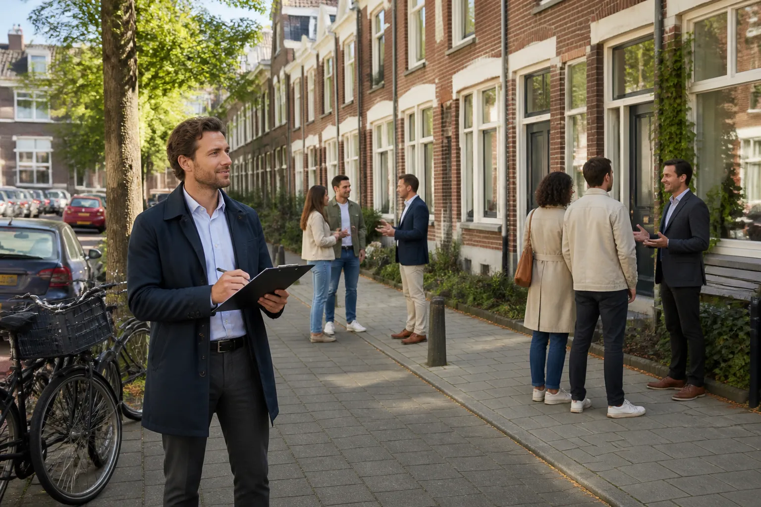 aankoopmakelaar met klembord in woonstraat terwijl twee koppels met verschillende makelaars praten voor rijtjeshuizen