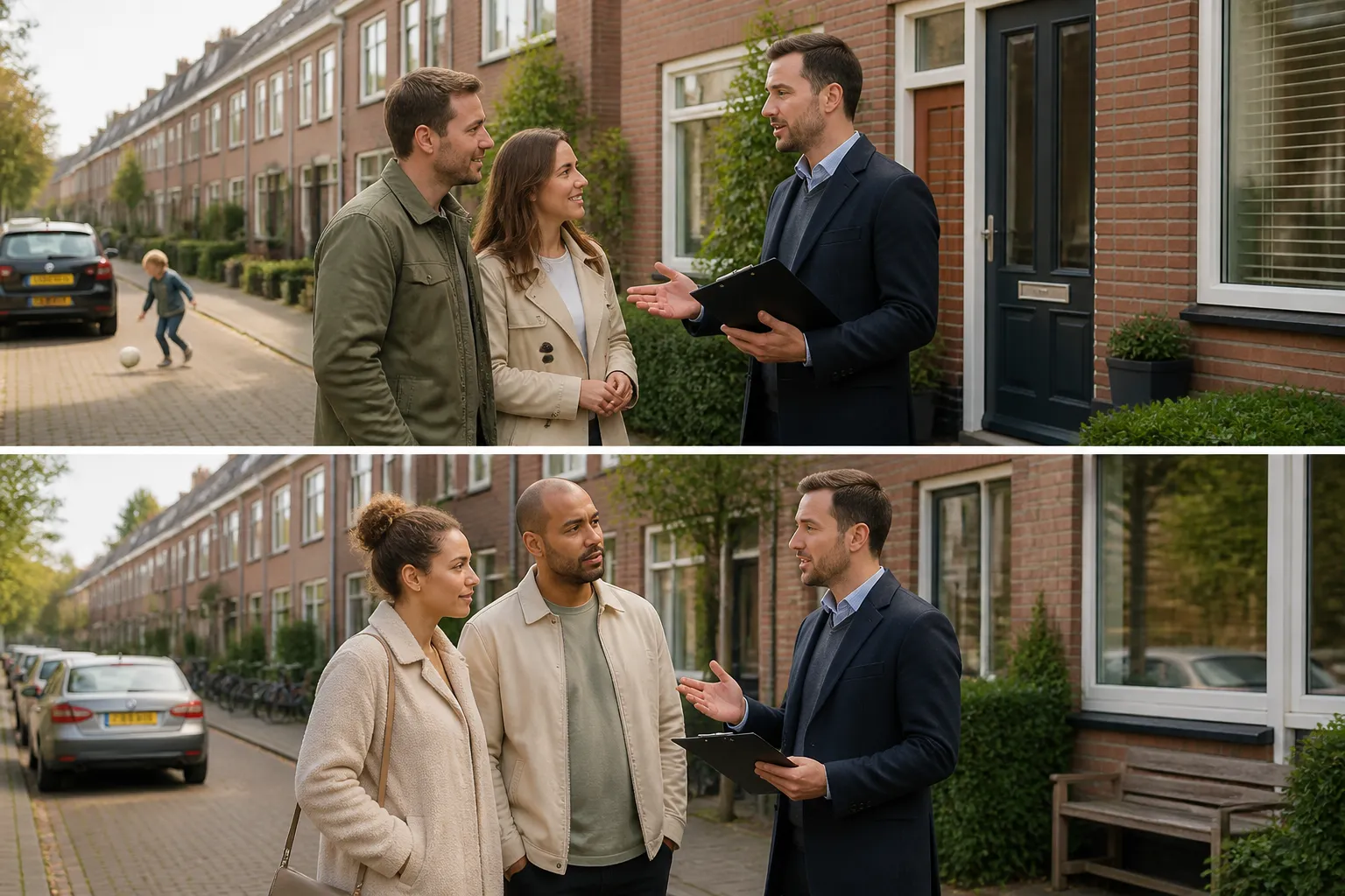 aankoopmakelaar met klembord bespreekt opties met twee verschillende koppels voor een rijtjeshuis in een woonstraat
