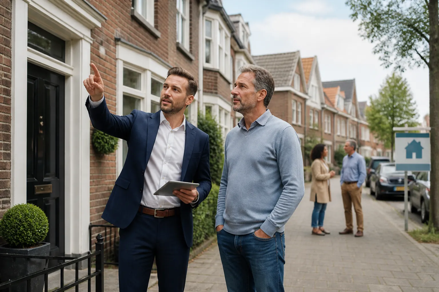 makelaar met tablet bespreekt voor de gevel verschillende waardesituaties met woningeigenaar in woonstraat