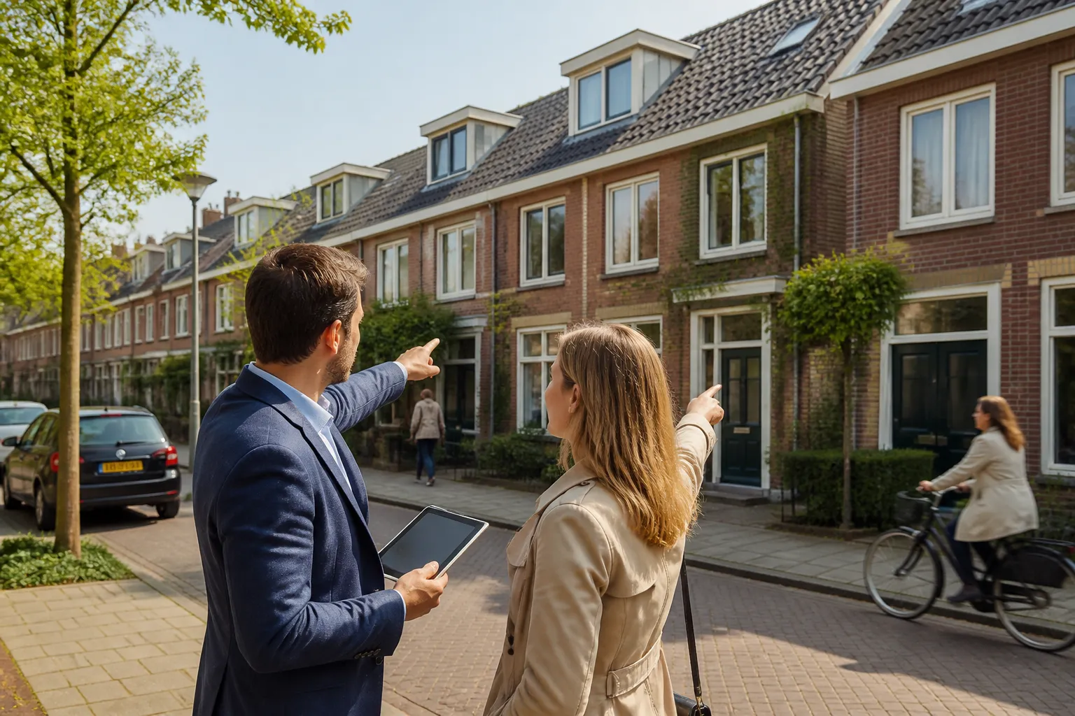 makelaar met tablet en eigenaar vergelijken twee gevels in een woonstraat