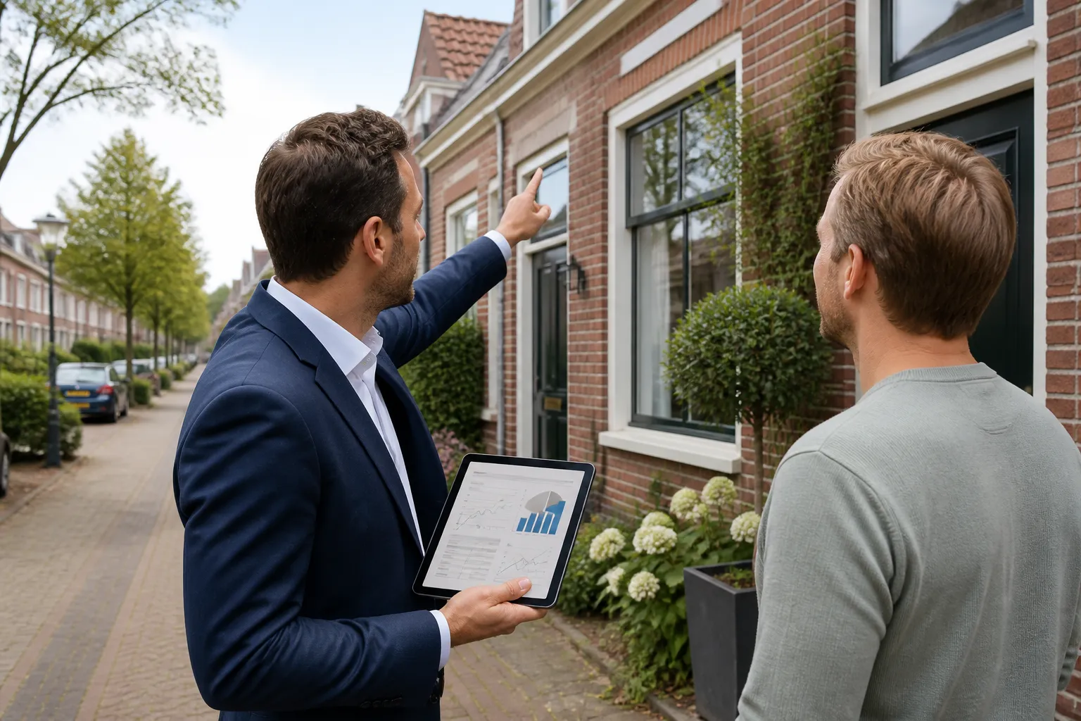 makelaar met tablet bespreekt met eigenaar voor de gevel van een rijtjeshuis de waardebepaling