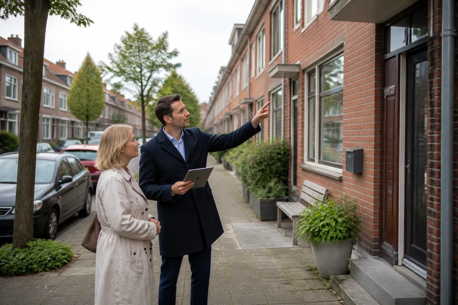 makelaar met tablet die samen met eigenaar voor het huis staat en naar details van de gevel wijst in een rustige woonwijk