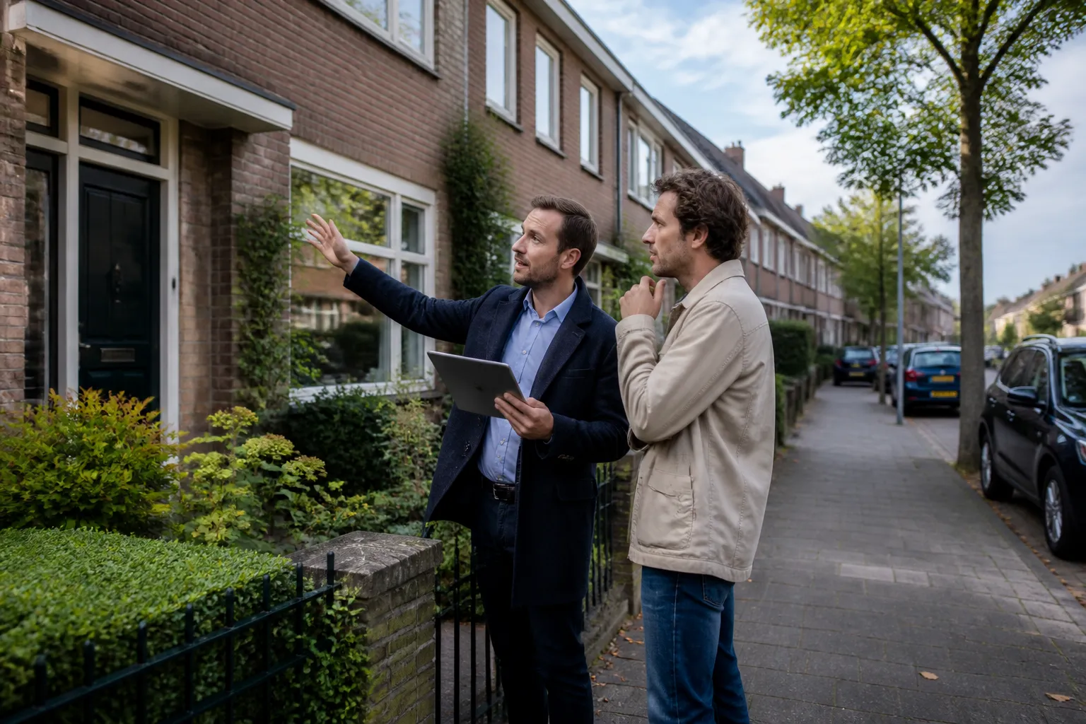 makelaar met tablet legt buiten voor de woning stap voor stap de waardebepaling uit aan de eigenaar