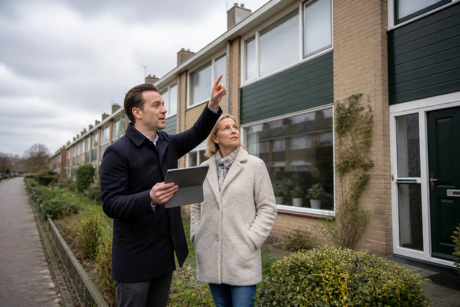 makelaar en woningeigenaar bespreken de waarde van een woning in een straat in drachten